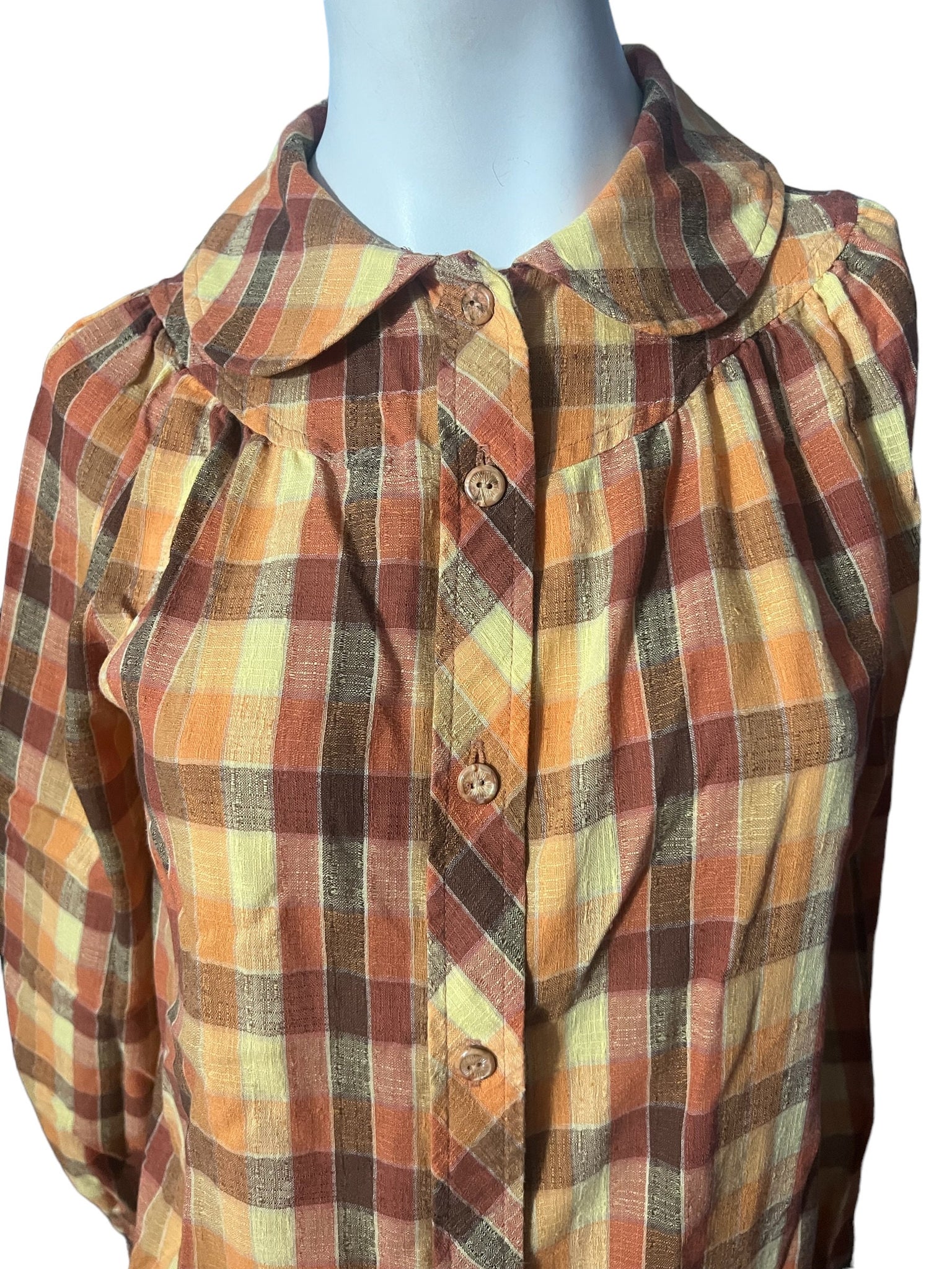 Vintage 70's brown plaid blouse M The Art Shirt