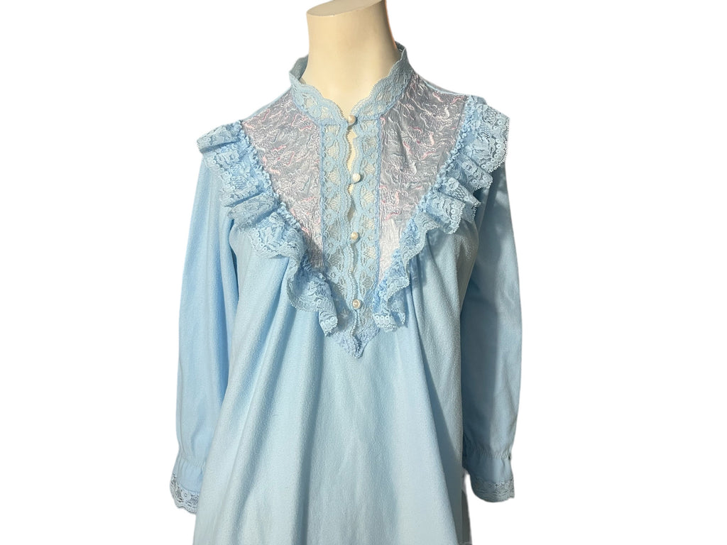 Vintage 80’s flannel blue ruffle nightgown M Suzanne Beth