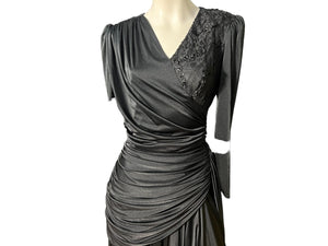 Vintage 80's black draped dress fitted M