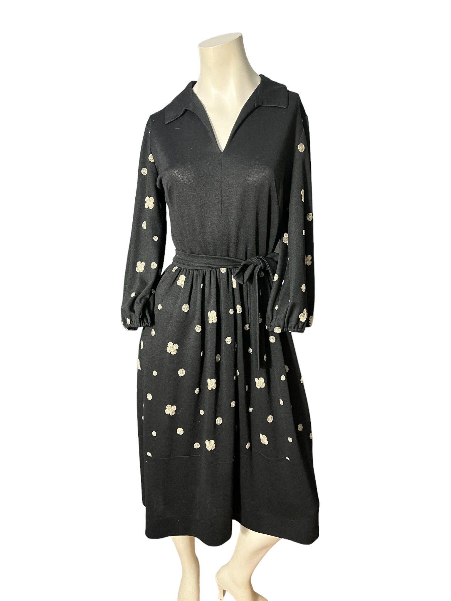 Vintage 70's black floer embroidery dress M Herman Marcus