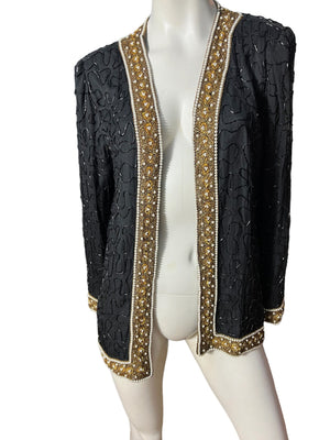 Vintage bead jacket black and gols L Laurence Kazar