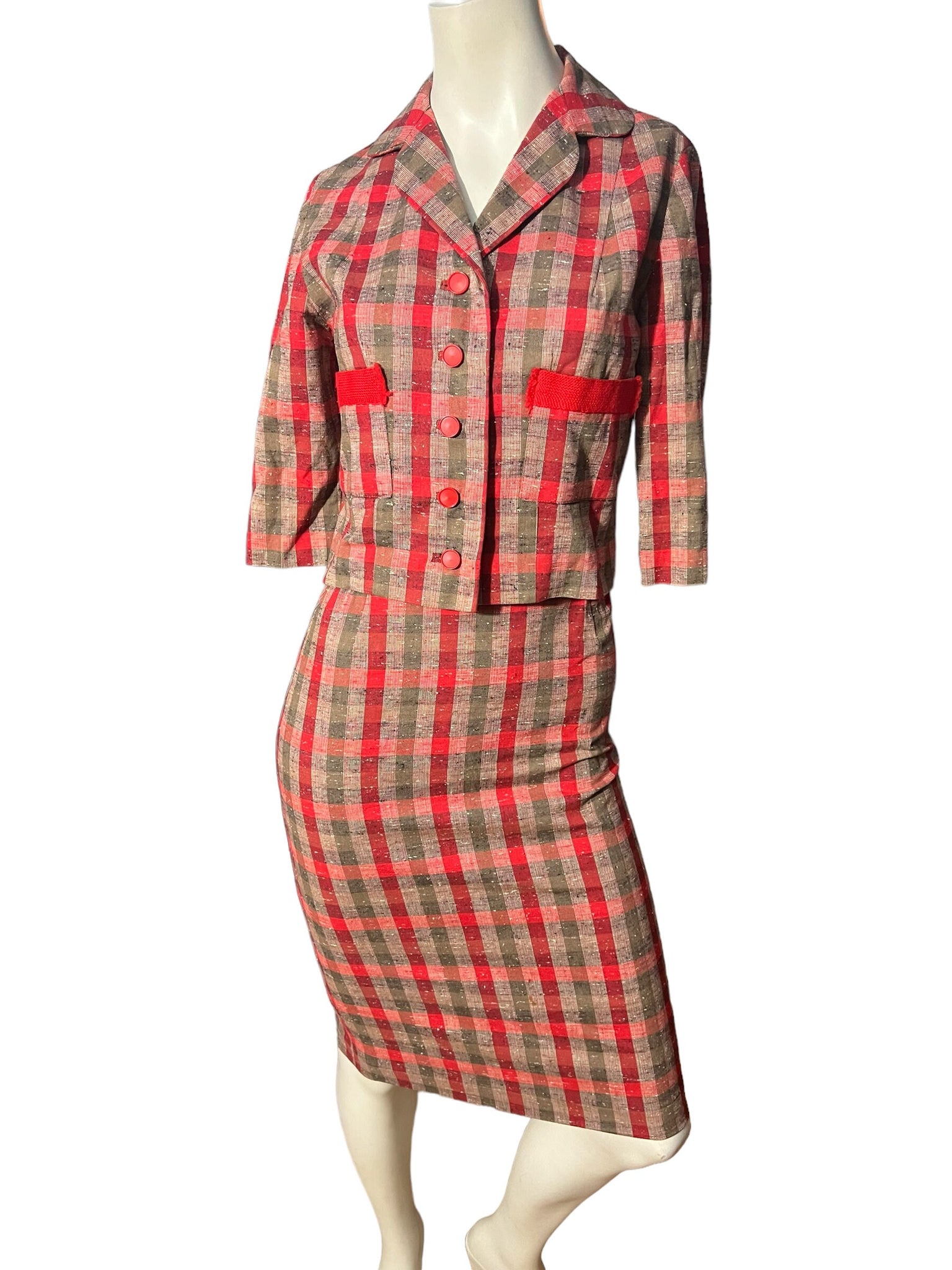 Vintage 50’s red plaid suit dress S