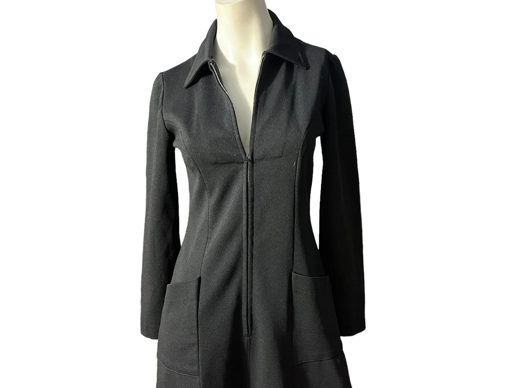 Vintage 70's black zip front dress M