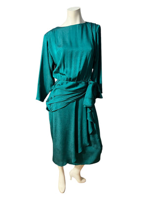 Vintage 80's green drop waist dress M L