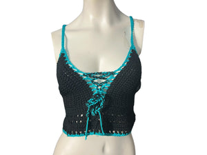 Vintage crochet bustier top black & blue L