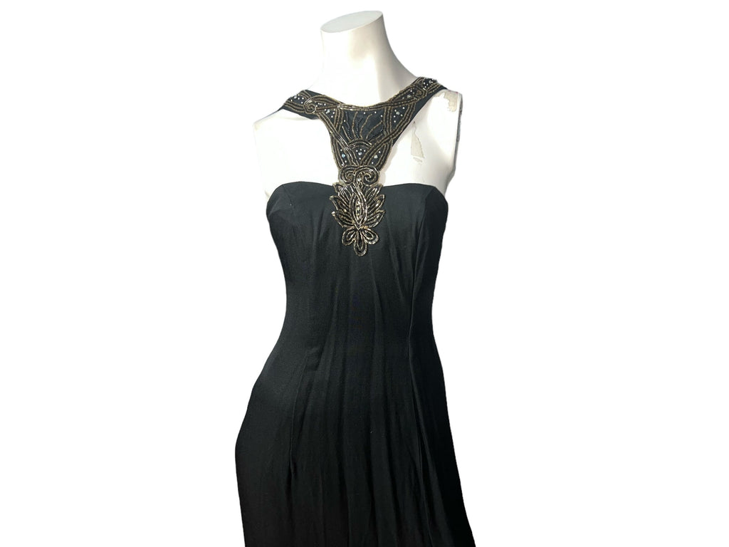 Vintage 80's long formal black bead dress M Dave & Johnny