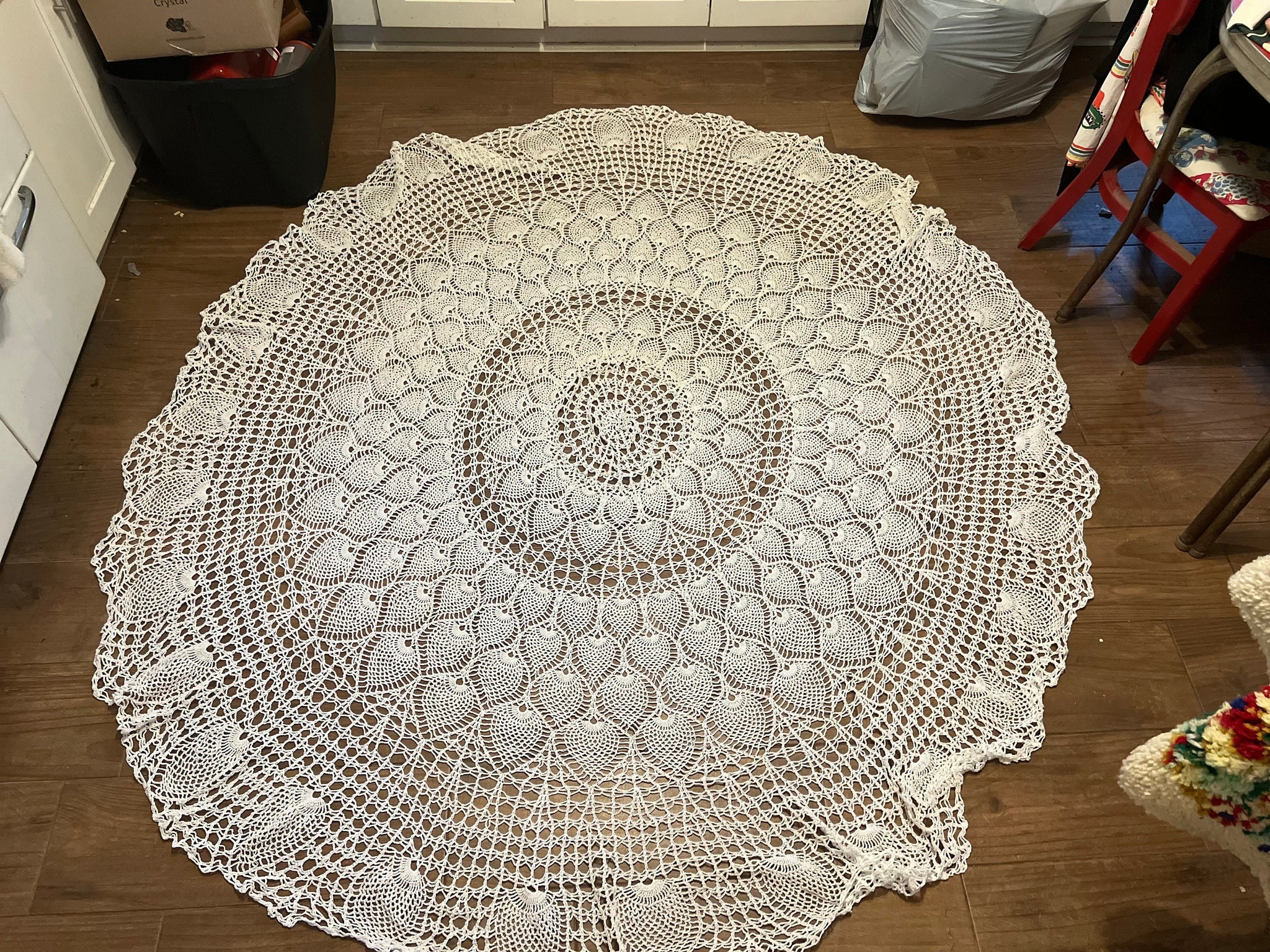 Vintage white peacock crochet tablecloth