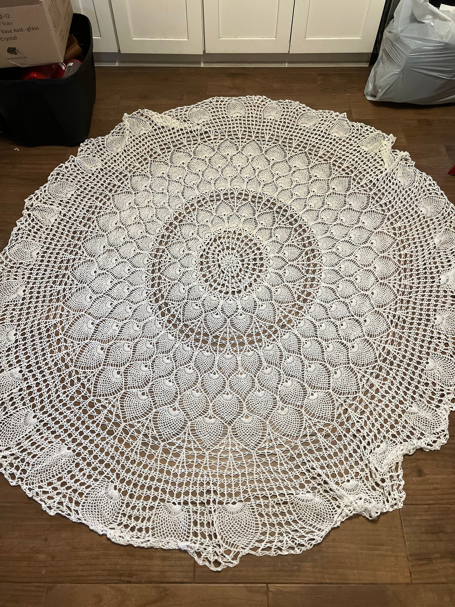 Vintage white peacock crochet tablecloth