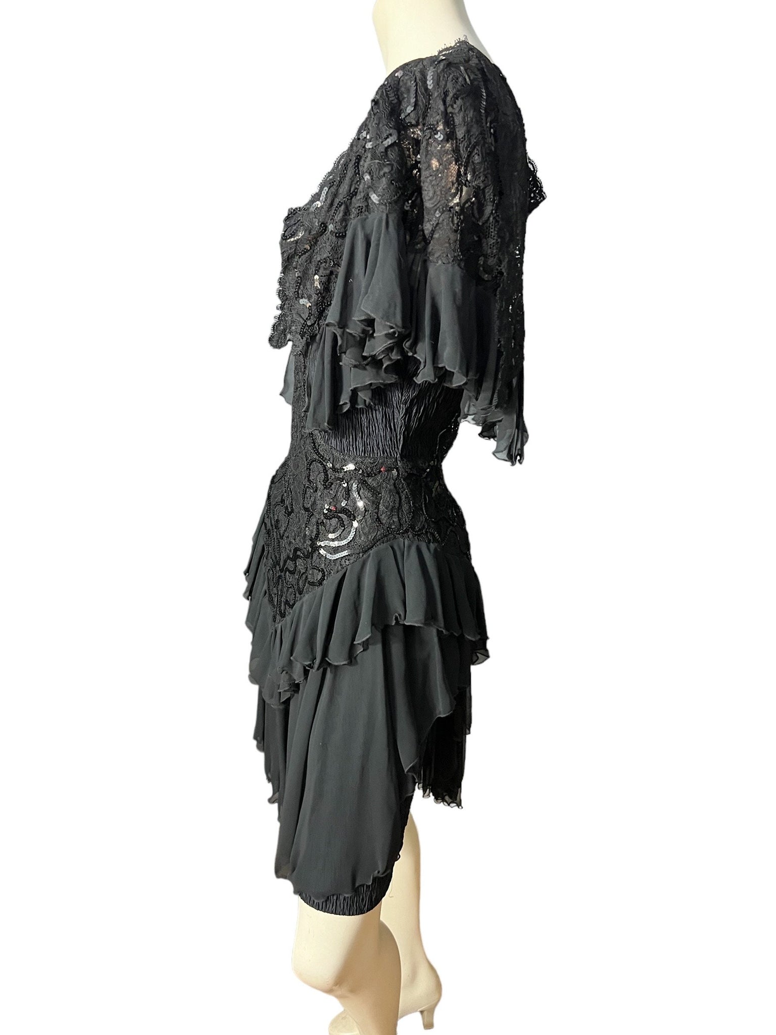 Vintage black 80's ruffle tier dress M Janine