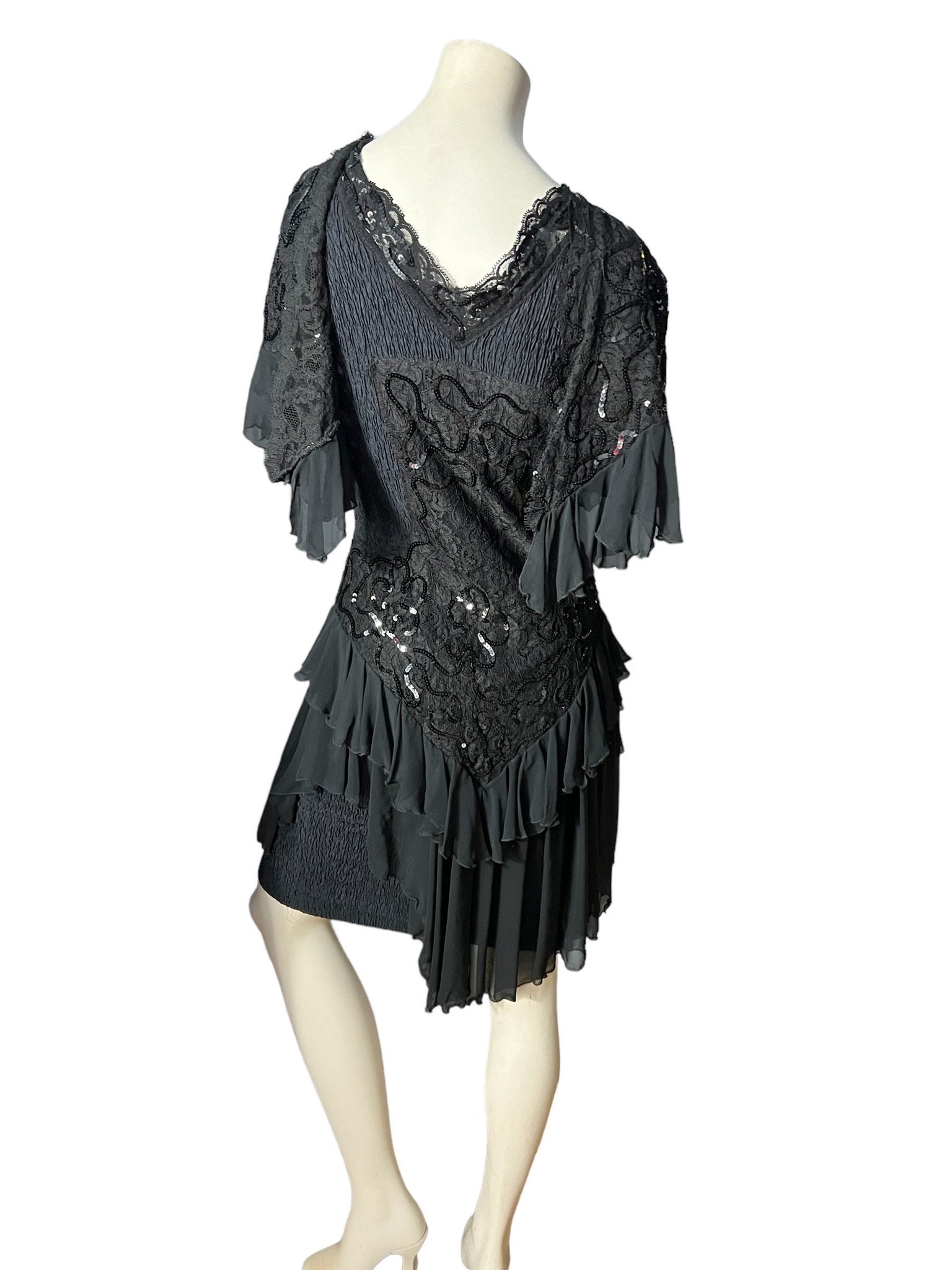 Vintage black 80's ruffle tier dress M Janine