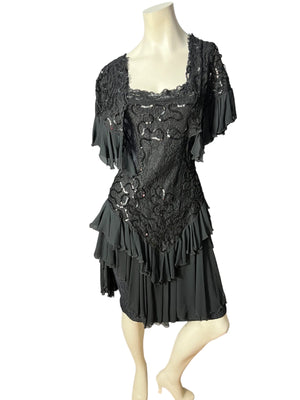 Vintage black 80's ruffle tier dress M Janine