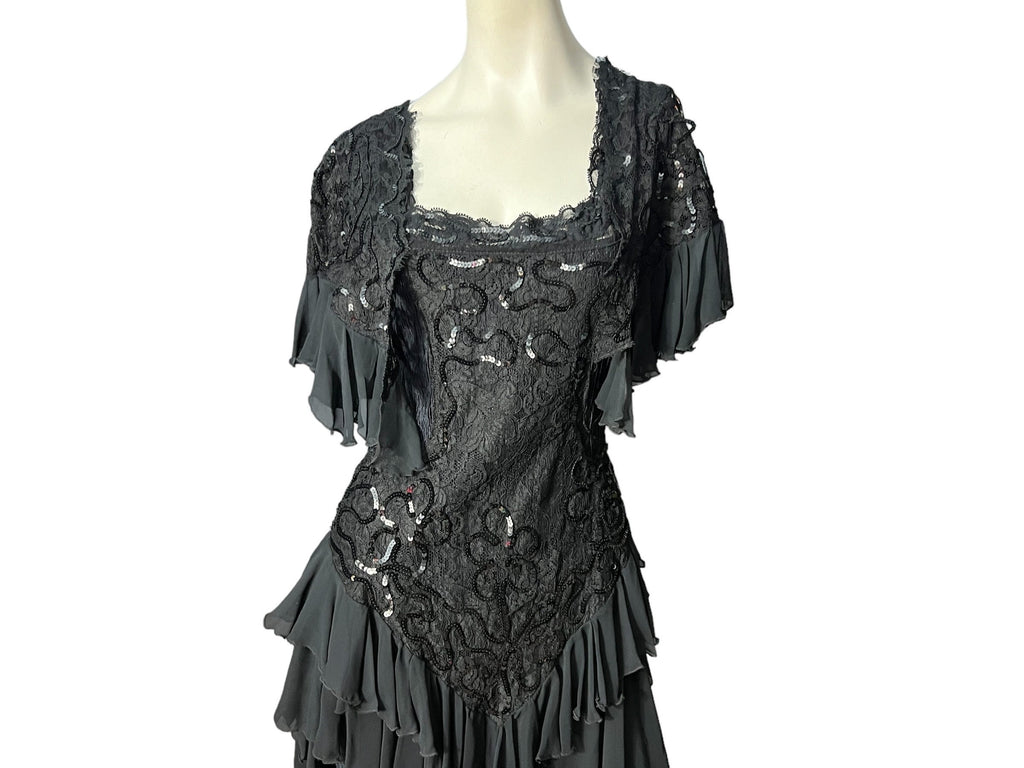 Vintage black 80's ruffle tier dress M Janine