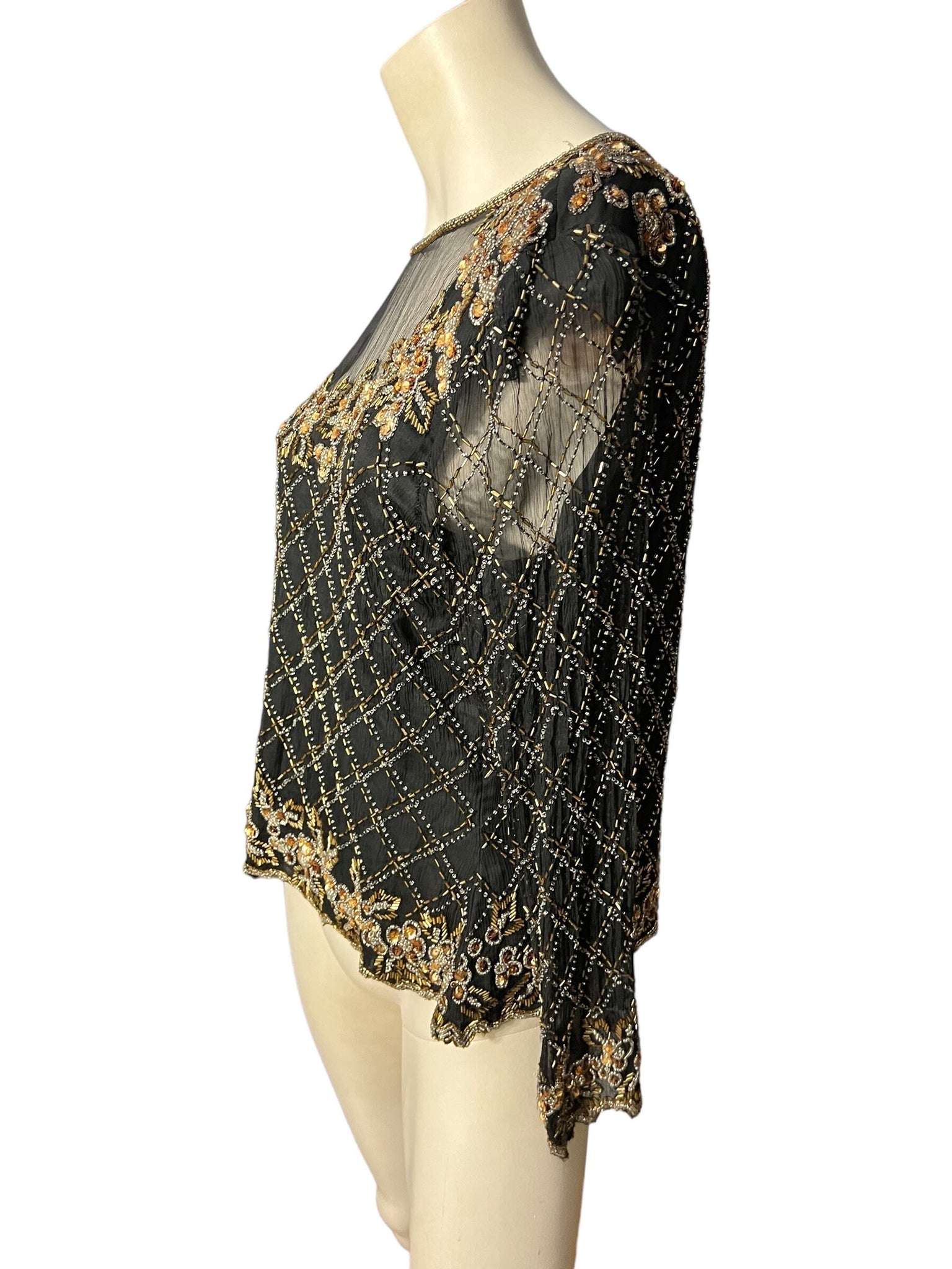 Vintage black & gold sequin and bead top XL Stenay