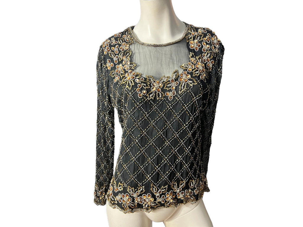 Vintage black & gold sequin and bead top XL Stenay