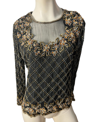 Vintage black & gold sequin and bead top XL Stenay