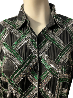 Vintage bead top blouse L black & silver