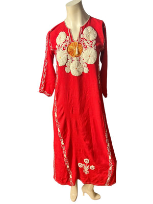 Vintage 70's red embroidered caftan dress S