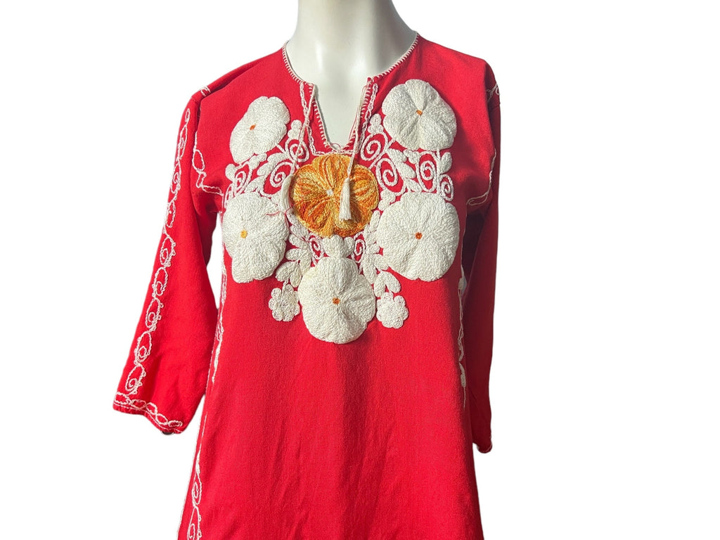 Vintage 70's red embroidered caftan dress S