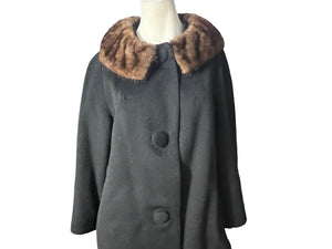 Vintage black 50's coat fur collar M L