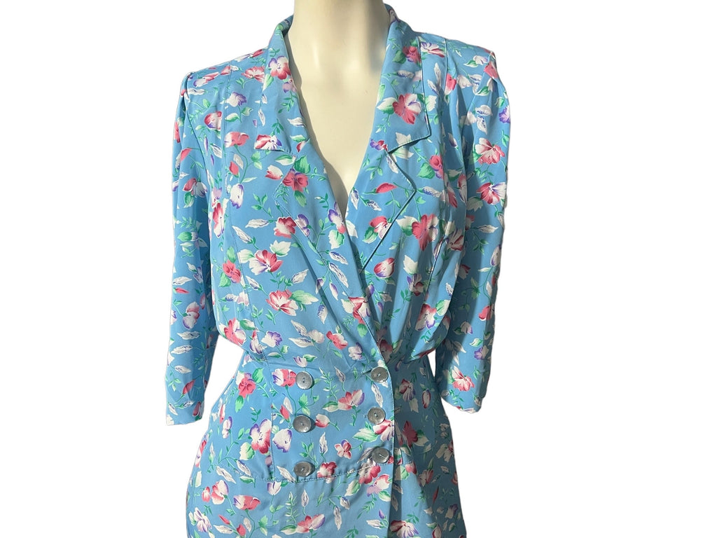 Vintage blue foral 80's dress 7/8 John Richard