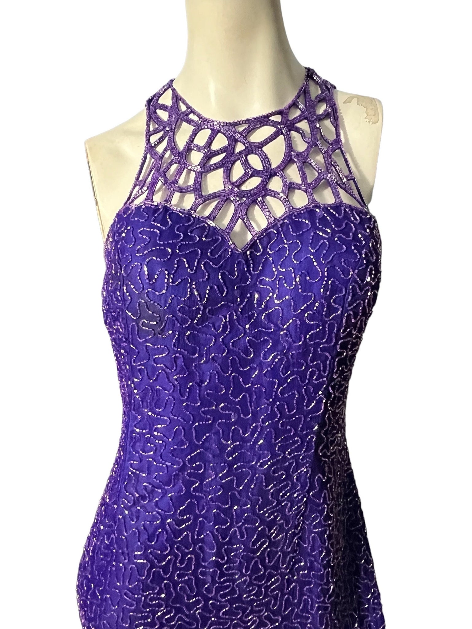 Vintage 80's purple bead dress long XL Scala