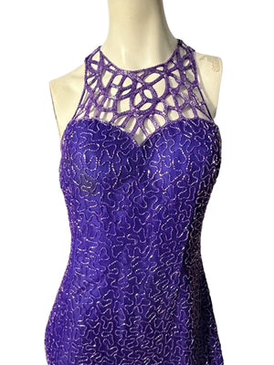 Vintage 80's purple bead dress long XL Scala