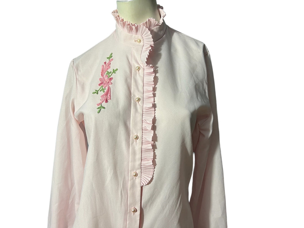 Vintage 80's pink embroidered ruffle blouse M