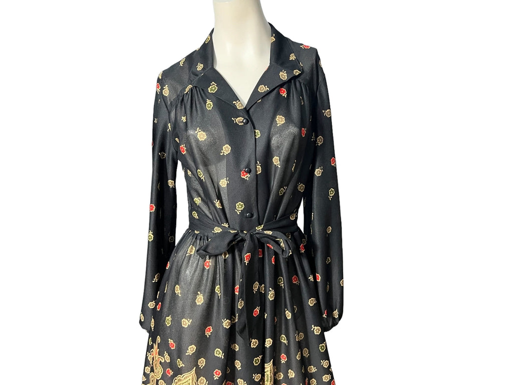 Vintage 70's black floral paisley dress L Jones