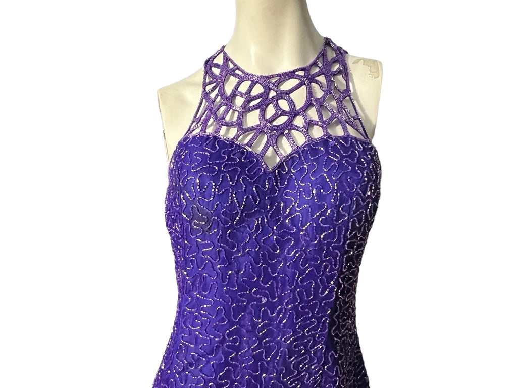 Vintage 80's purple bead dress long XL Scala