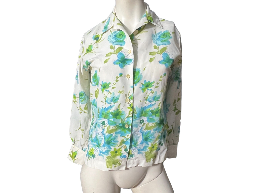 Vintage 70's blue floral blouse S Rhonda Lee