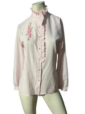 Vintage 80's pink embroidered ruffle blouse M