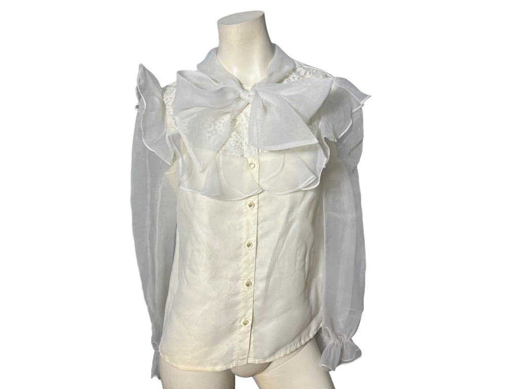 vintage white ruffle blouse chiffon M L