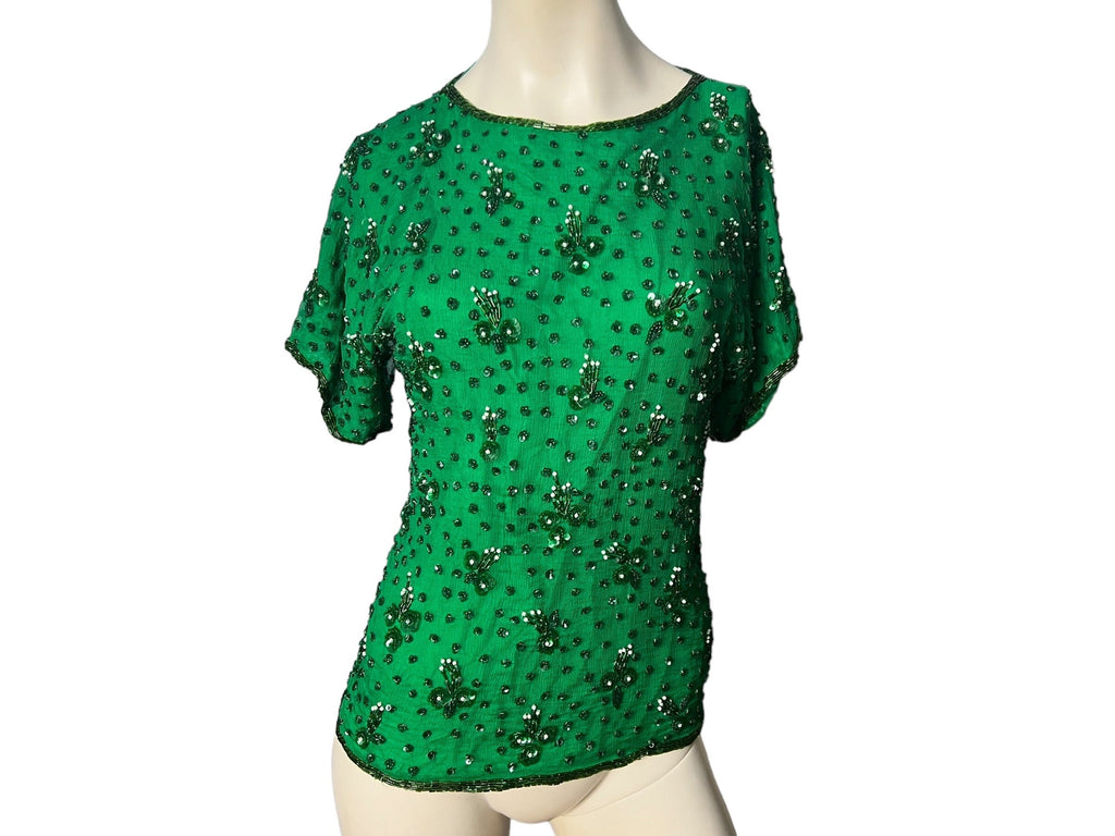 vintage green silk bead top S