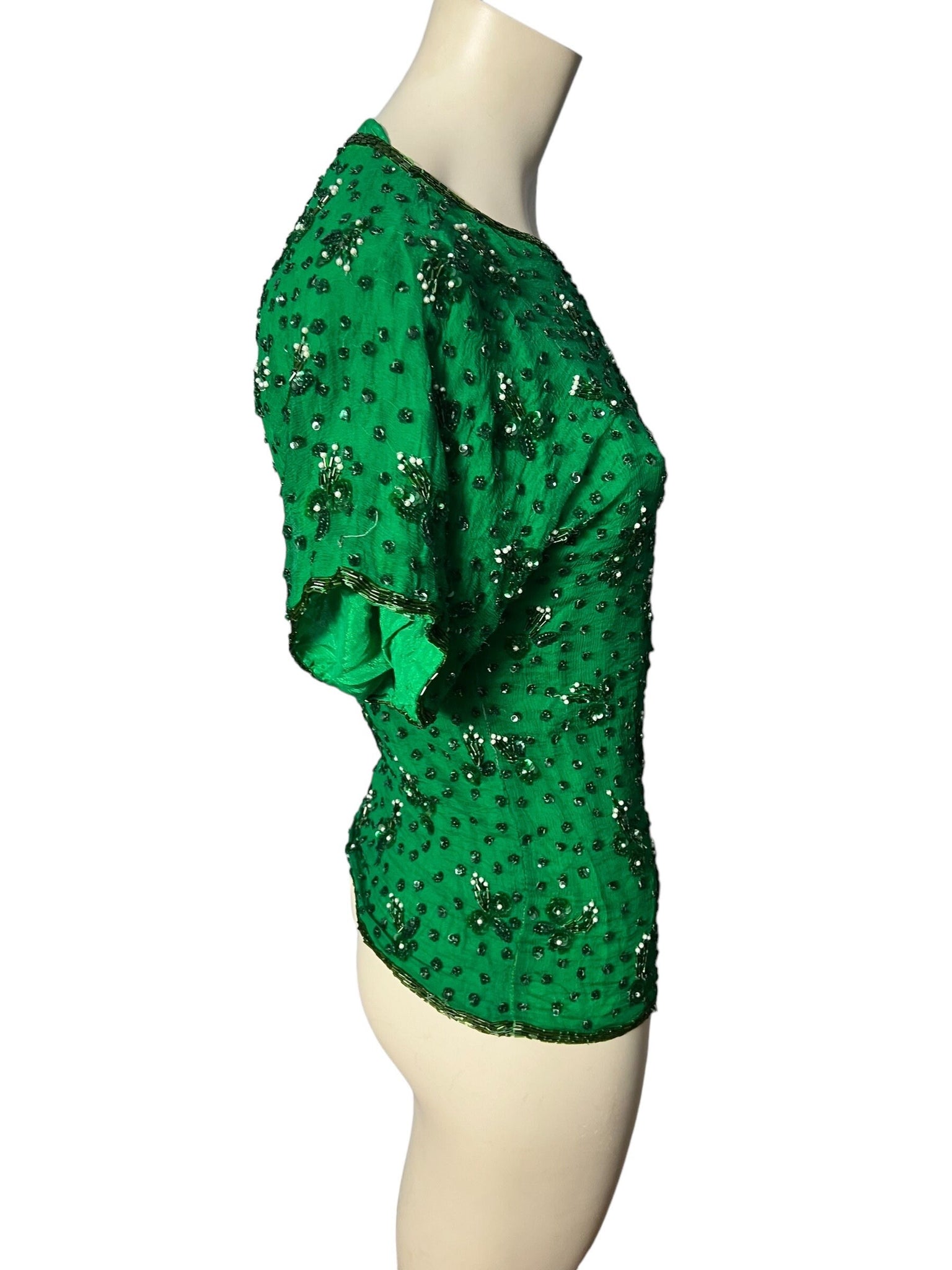 vintage green silk bead top S