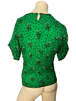 vintage green silk bead top S