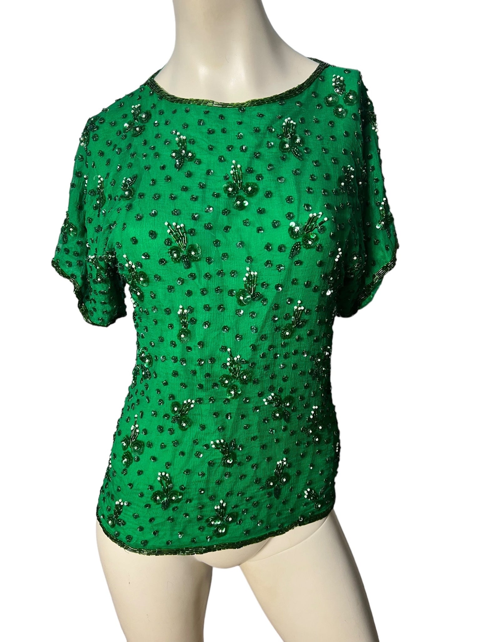 vintage green silk bead top S