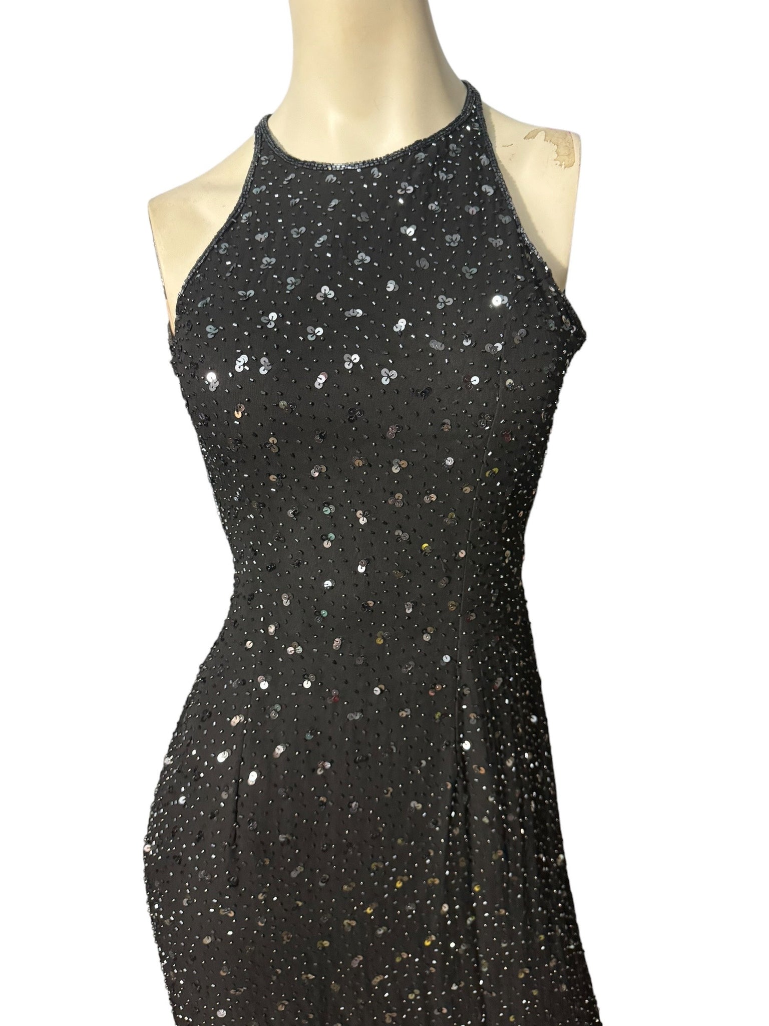 Vintage black long sequin & bead dress M Sean