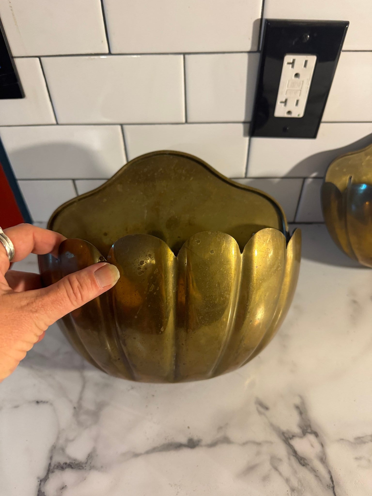 Vintage brass pair of wall planters shell