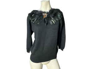 Vintage 80's black sweater w/ feathers M