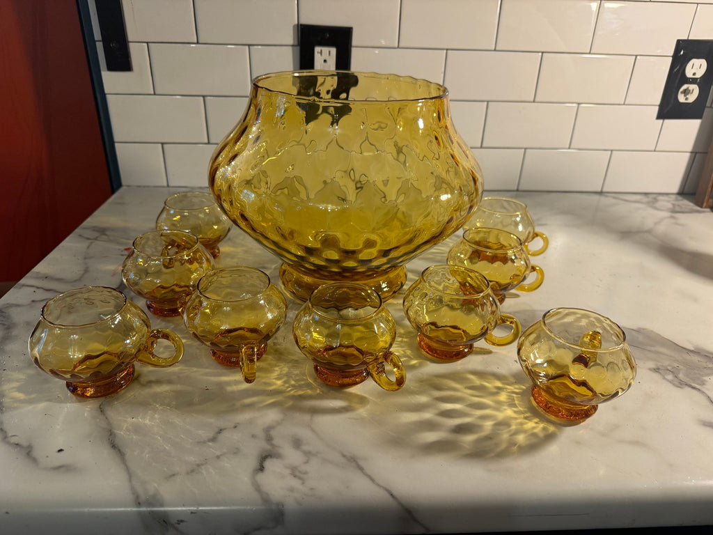 Vintage amber art glass punch bowl set