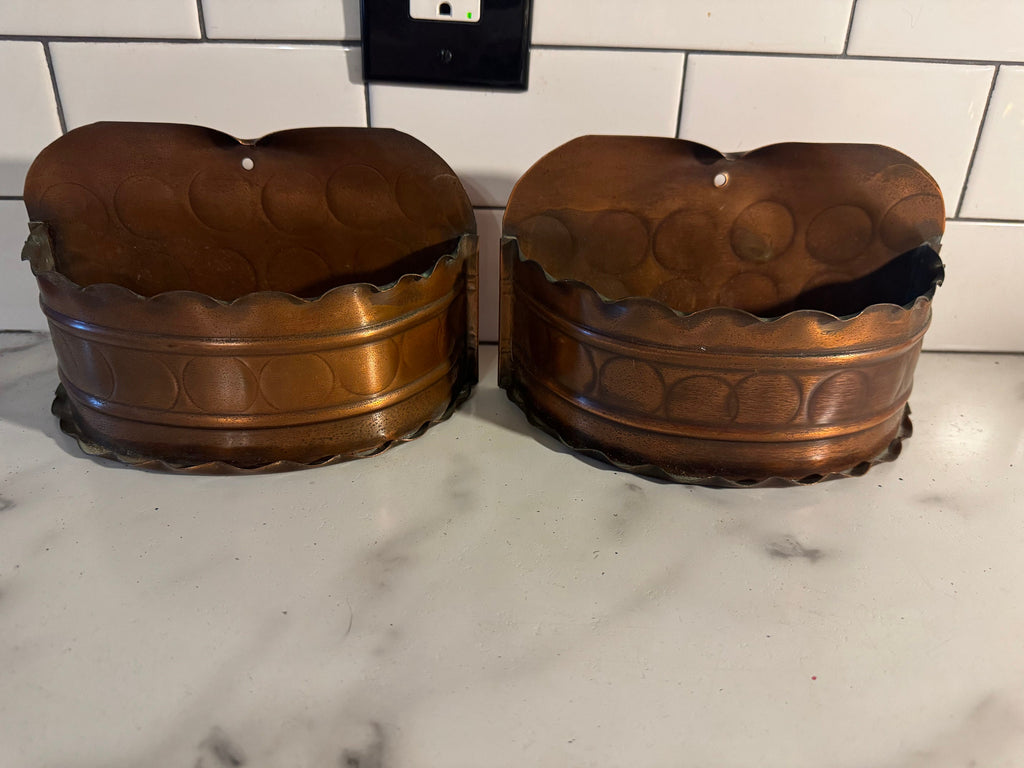 vintage pair of copper shelves planters