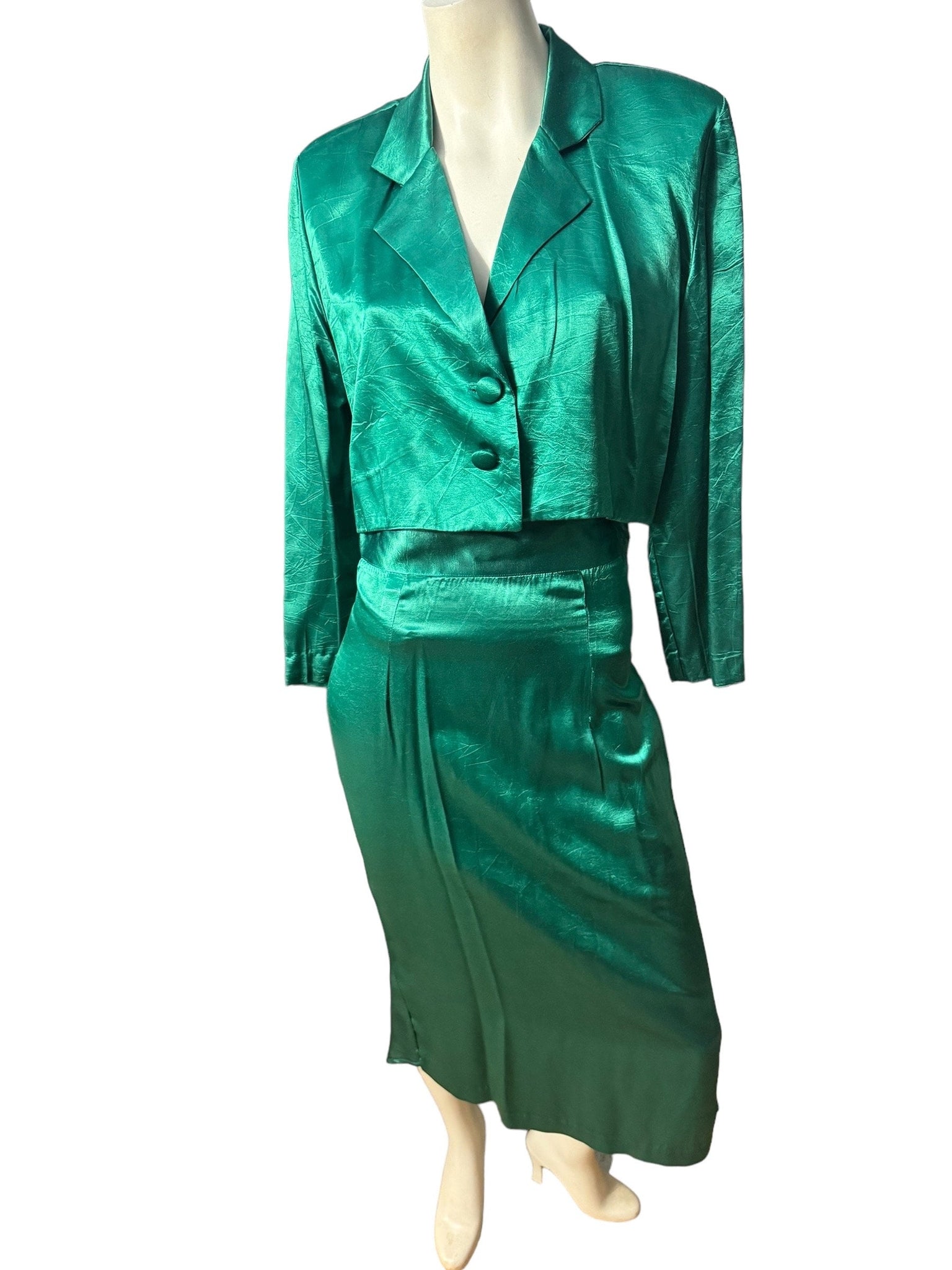 Vintage 80's green satin suit set M