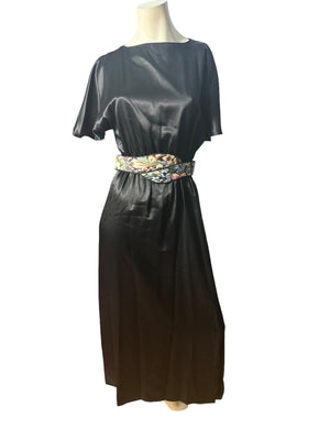 Vintage 80's black satin maxi dress M