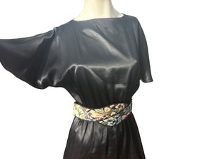 Vintage 80's black satin maxi dress M