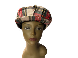 Vintage 70's newsboy cap hat red wool plaid