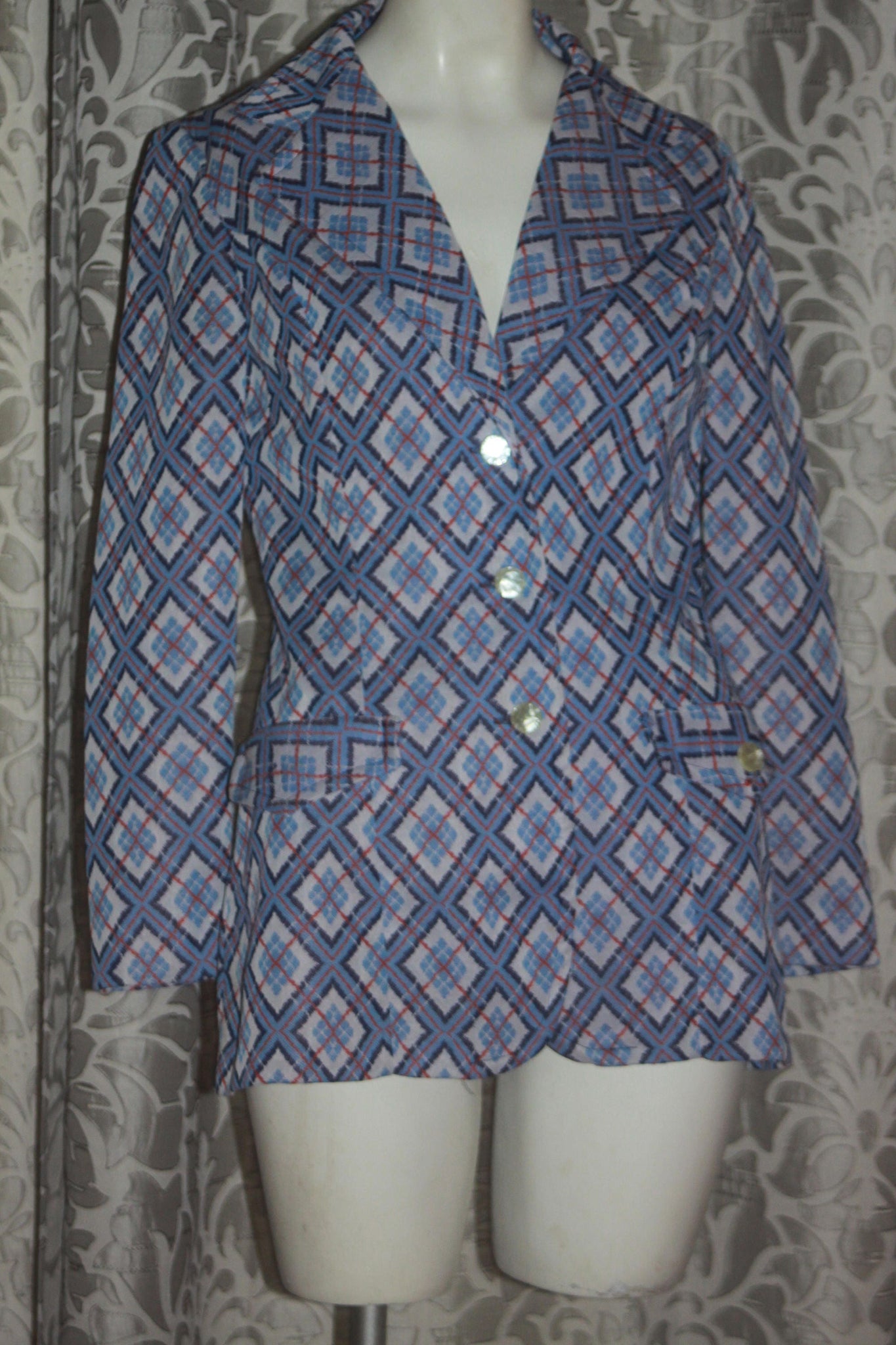 Vintage Mod Blue Plaid 70's Ladies Jacket Coat M 12