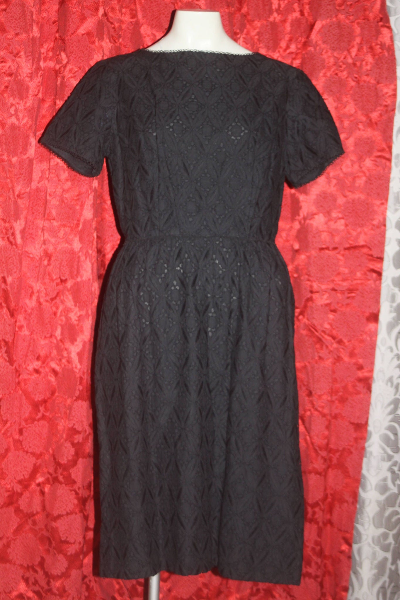 Vintage 1950's Form fit Black Eyelet Dress M