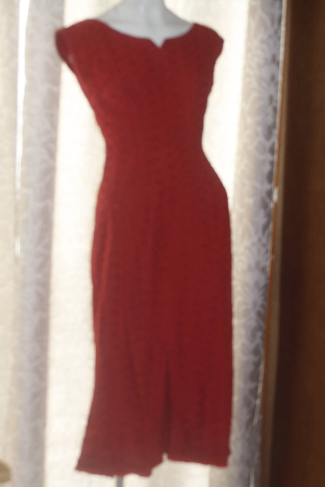 Vintage 1950's Red Eyelet Form Fitting Dress S