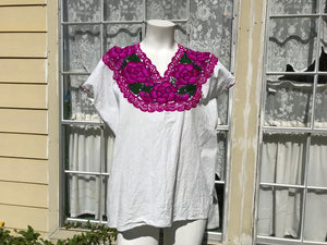 Vintage Mexican Embroidered Flowers Top Shirt Blouse M