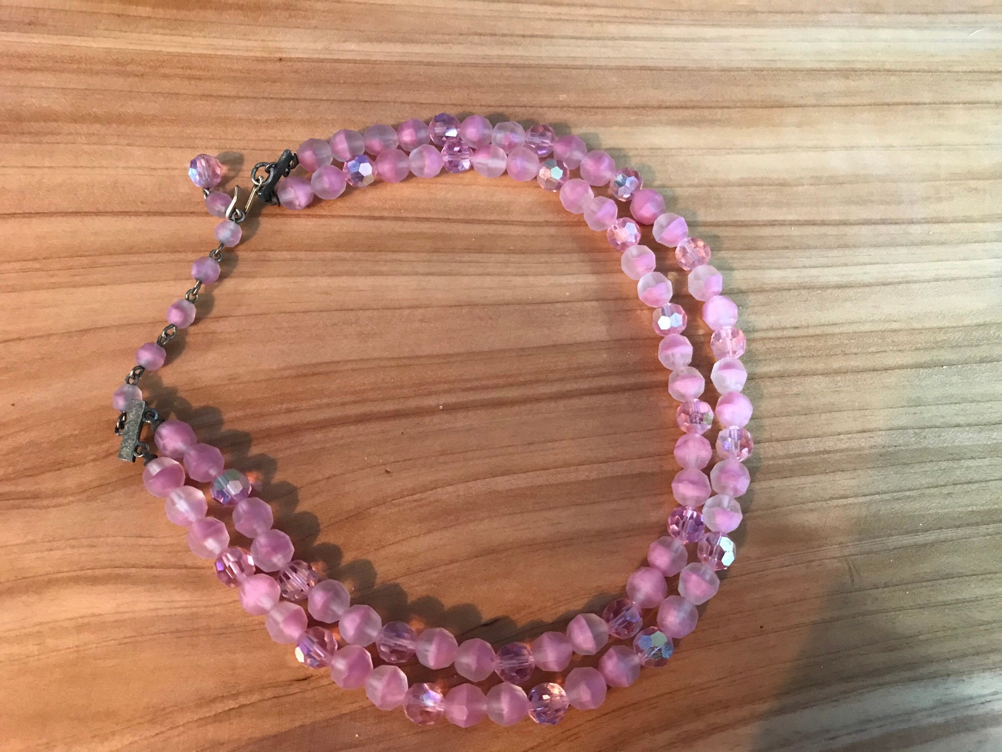 Vintage 1960’s pink glass 2 strand choker and clip earrings
